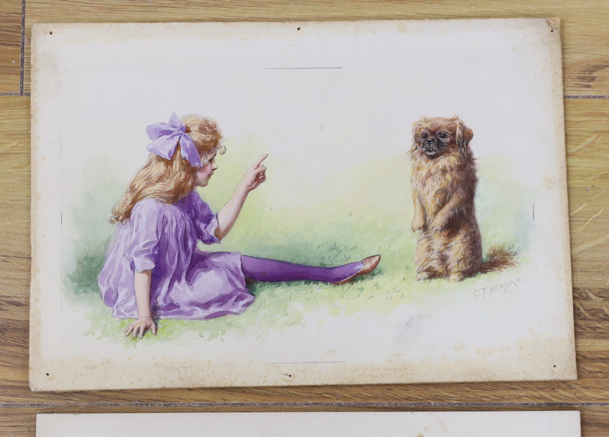 Charles Thomas Howard (1865-1942) three original watercolours for postcard designs, Children with dogs and cats, two signed, unframed, 19 x 27cm